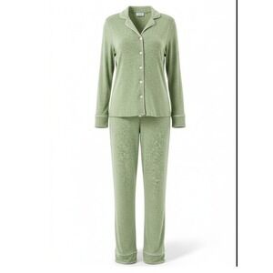 Aamikast Pajama Set Long Sleeve Button Up Bottoms Green Speckled Loungewear L